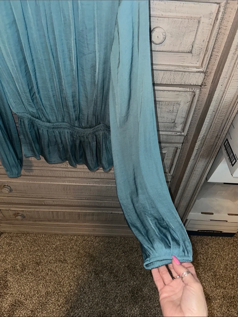 Nine West Slate Gray Long-Sleeve Ruffled Peplum Blouse - Picture 2 of 7